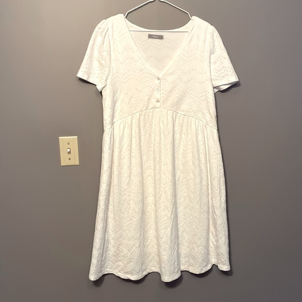 Fransa Elegant White Midi Dress with eyelet design